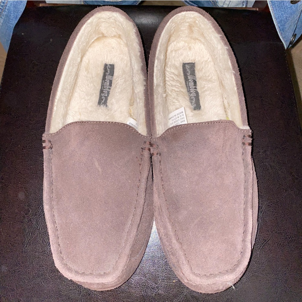 WEMBLEY BROWN SUEDE LEATHER MOCCASIN FUR LINED SLIPPERS